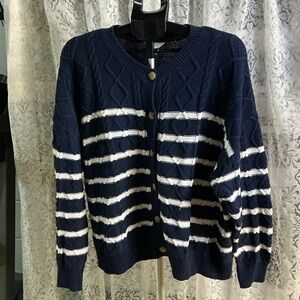 🟣 Time and Tru Navy Blue and White Striped Cable Knit Cardigan